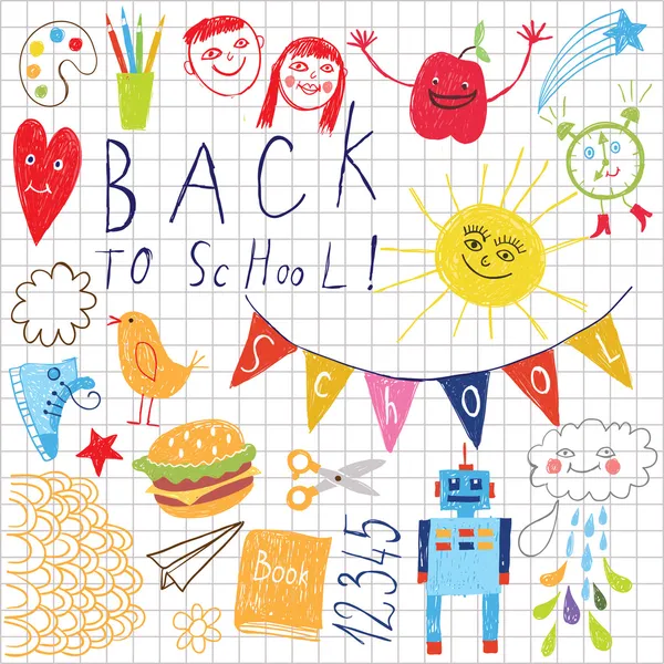 Back to school pattern, children drawing — Stock Vector