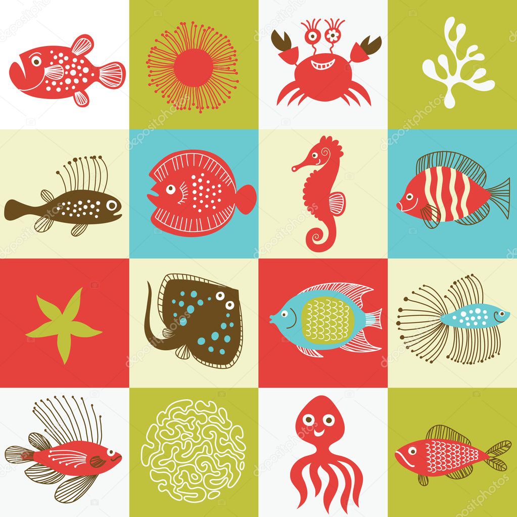 Set of whimsical fishes and marine life