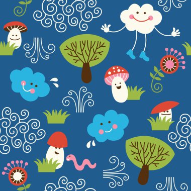 Seamless pattern with cute muchrooms, clouds and trees clipart