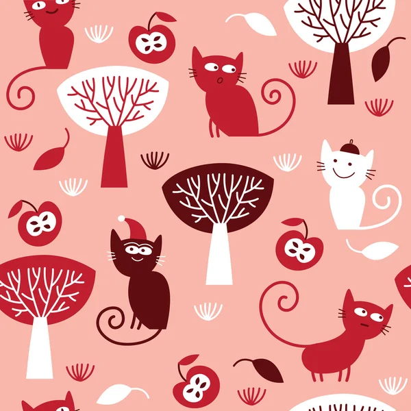 Kediler, kırmızı ve pembe ile Seamless Modeli — Stok Vektör