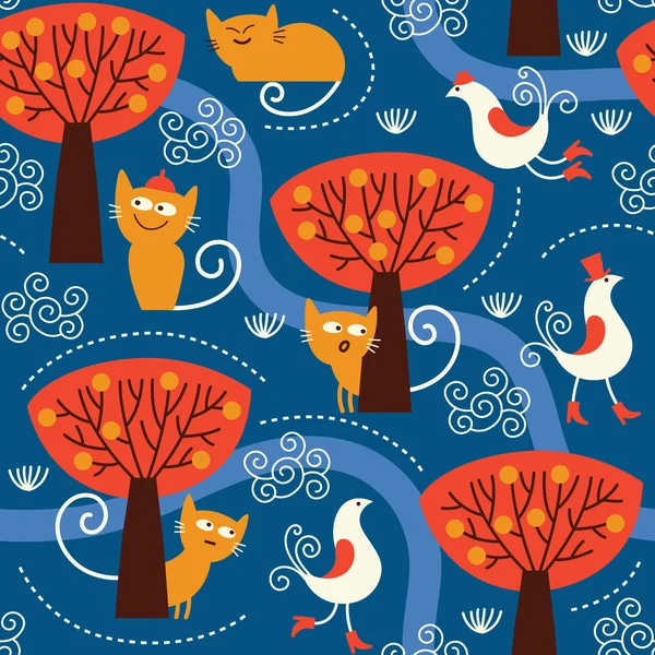 Seamless pattern with cats and birds — Stock Vector