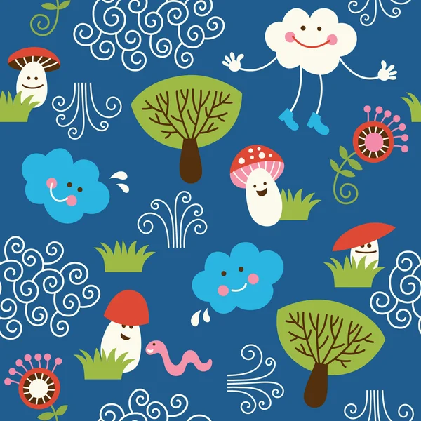Seamless pattern with cute muchrooms, clouds and trees — Stock Vector