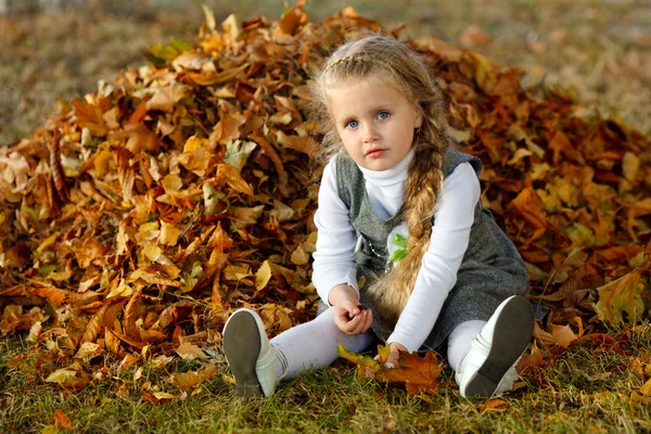 Ritratto di una bambina in foglie autunnali — Foto Stock