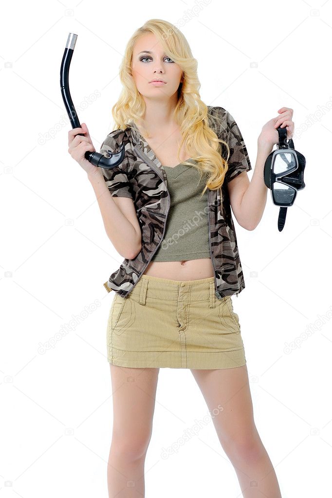 Girl In A Fishing Outfit On White Background Stock Photo, Picture