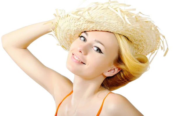 Retrato de una chica con sombrero de paja — Foto de Stock