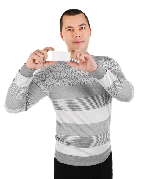 Portrait of a handsome young man with business card — Stock Photo, Image