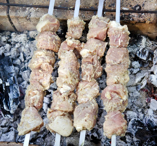 stock image Shashlik (shish kebab) barbecue prepared on a vine wood coal