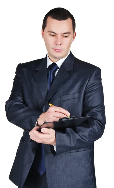 Portret van zakenman holding een leeg bord en een pen — Stockfoto