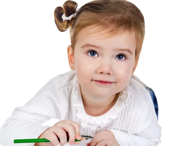 Porträtt av söt liten flicka med en penna — Stockfoto