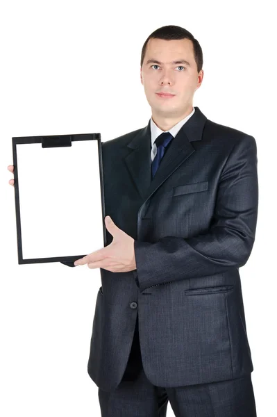 Retrato del hombre de negocios sosteniendo un tablero en blanco — Foto de Stock