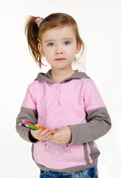 Retrato de menina bonito com um lápis — Fotografia de Stock