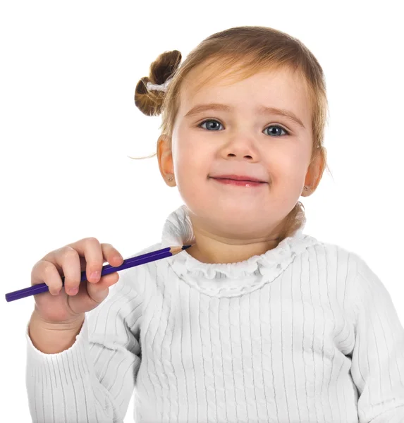Ritratto di bambina sorridente con una matita — Foto Stock