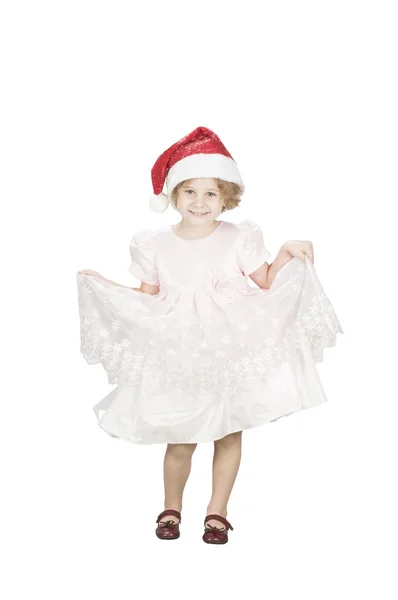 Toodler Urocza dziewczyna ubrana Mikołaja kapelusz na białym tle — Zdjęcie stockowe