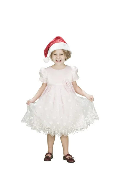 Toodler Urocza dziewczyna ubrana Mikołaja kapelusz na białym tle — Zdjęcie stockowe