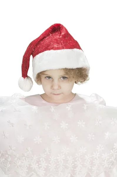Menina toodler bonito vestindo chapéu de Papai Noel isolado no branco — Fotografia de Stock