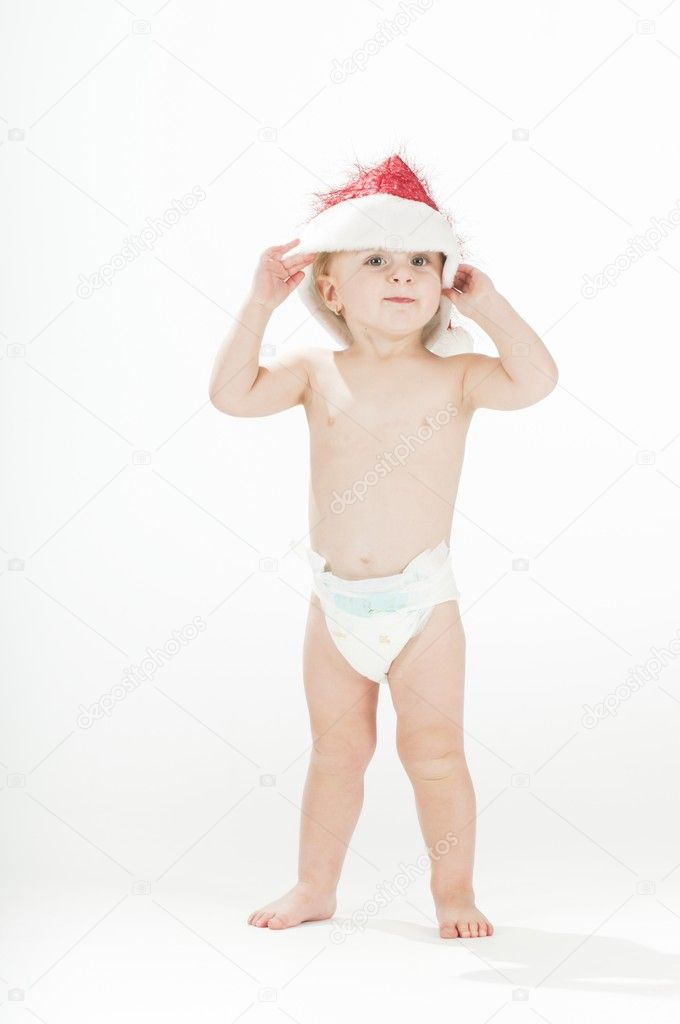 Cute Baby Toddler Girl Wearing Santas Hat And Diapers Stock Photo