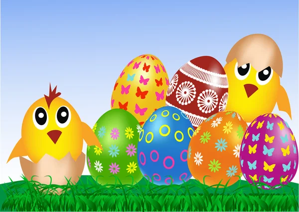 Velikonoční vajíčka a kuřata — Stockový vektor