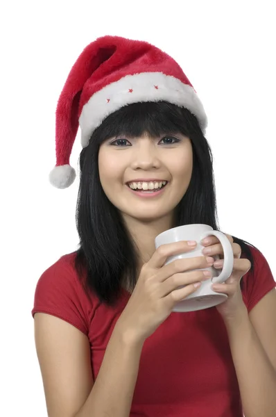 サンタの女性の飲み物はコーヒー — ストック写真