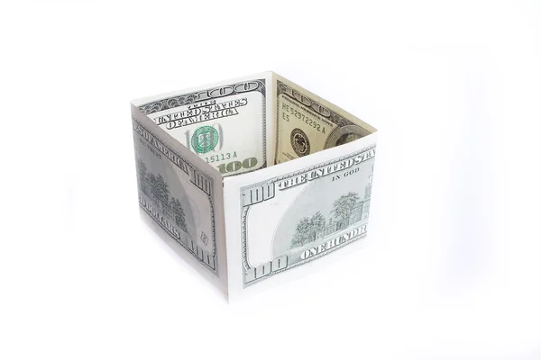 Două bancnote se confruntă cu valoarea de 100 de dolari combinate într-un cub — Fotografie, imagine de stoc