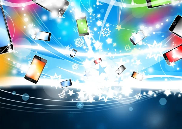 Vele kleurrijke slimme telefoons vliegen xmas achtergrond — Stockfoto