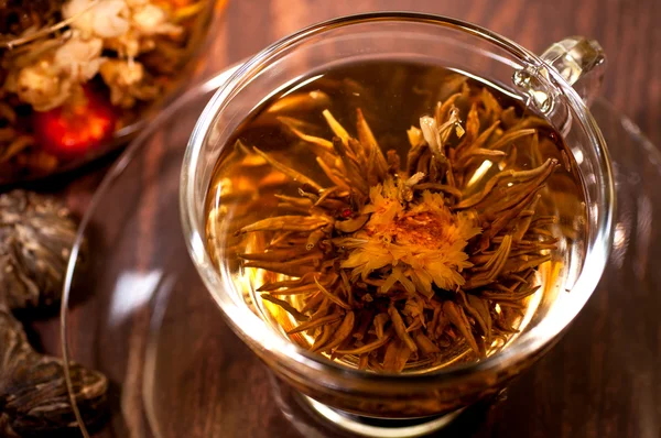 Chá florescendo perto em uma xícara — Fotografia de Stock