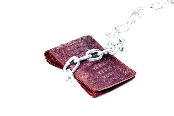 Brown wallet tied with a steel chain — Stock Photo, Image