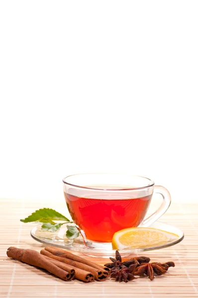 Hot tea with lemon and spices — Stock Photo, Image