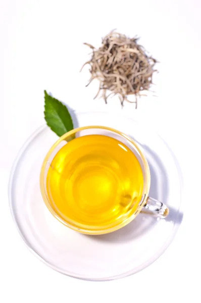 Stříbrný tipy čaj pohled shora na bílém pozadí — Stock fotografie