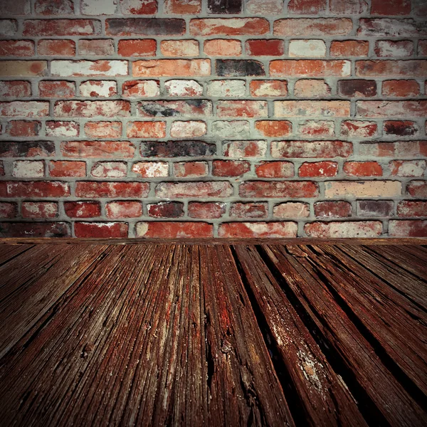 stock image Brick wall and wood floor background of old cellar