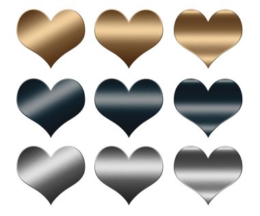 Hearts made of gold and silver metal, LOVE sign for design clipart