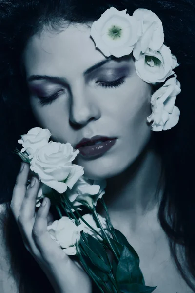 stock image Beauty woman face, portrait with flowers