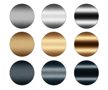 Scratched metal silver and gold round push buttons to insert text or web de clipart