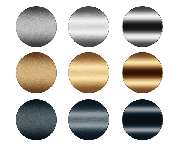 Осколочные металлические серебряные и золотые круглые пуговицы прижимаются к тексту или паутине — стоковое фото