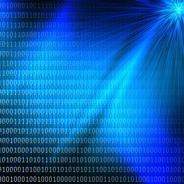 Fondo azul abstracto con patrón de dígitos binarios y rayos de luz — Foto de Stock