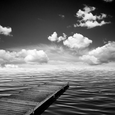 Wooden jar, pier on an ocean in summer, sky and clouds, black and white ver clipart