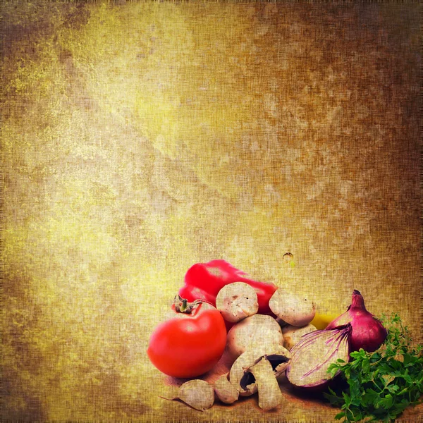 Stock image Grunge textile background with mix of vegetables painted