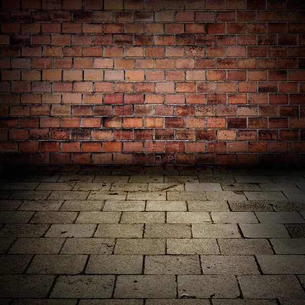 Grunge cihlová zeď s chodníku podlahy interiérové pozadí nebo textury — Stock fotografie