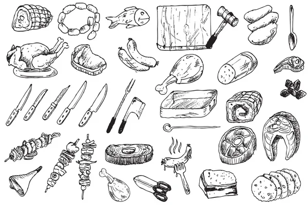 Mano dibujar comida carnicero colección — Archivo Imágenes Vectoriales