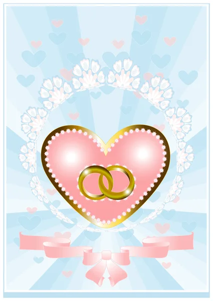 Cartão postal do coração e anéis de casamento —  Vetores de Stock