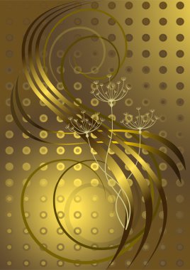 Flowers and wavy golden stripes on a brown background. clipart