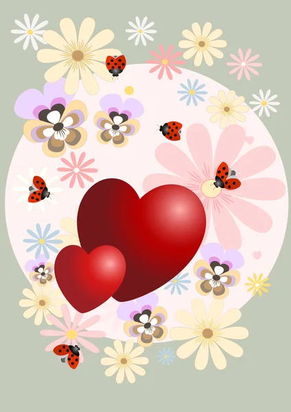 Corazón rojo decorado con flores.Postal . — Archivo Imágenes Vectoriales
