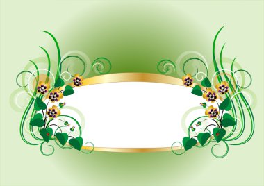 Gold frame with bouquets of pansy on a light green background clipart