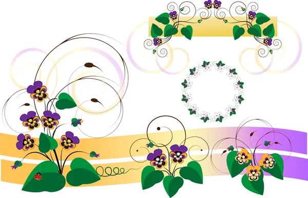 Cadres, coins, bouquets de violettes-panse. Détails — Image vectorielle