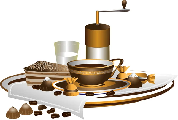 Macinino da caffè, tazza di caffè e dessert. Illustrazioni — Vettoriale Stock