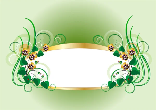 Gold frame with bouquets of pansy on a light green background — Stock Vector