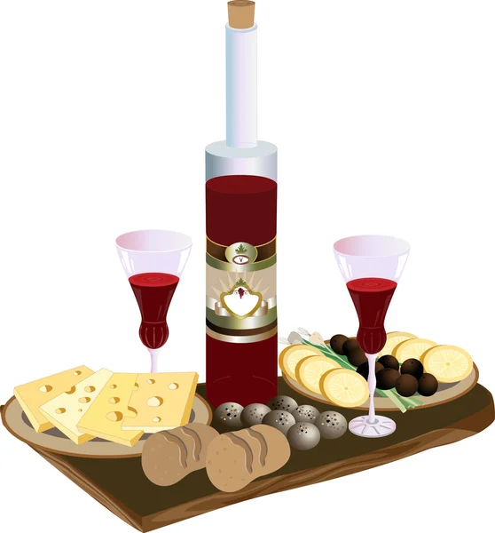 Botella de copas de vino tinto, huevos de queso y codorniz . — Vector de stock