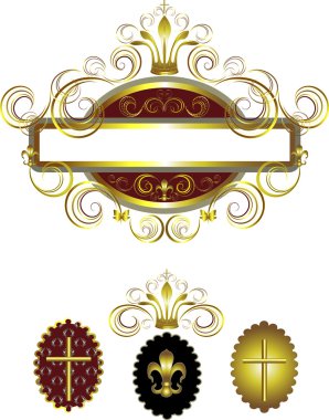 Old frame with a gold cross and crown decorated curves.Frame. clipart