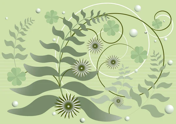 Böjda stjälkar med blad och blommor på en grön bakgrund — Stock vektor