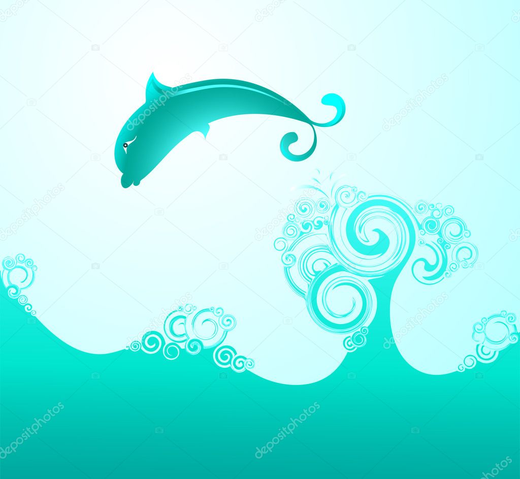 The dolphin in sea waves. Vector.