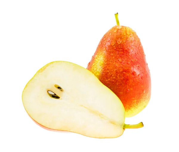 Ripe red and yellow pear and pear half. — Stock Photo, Image